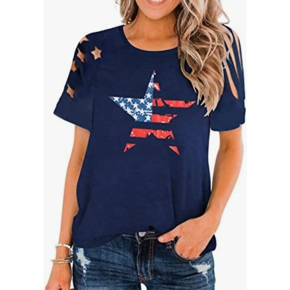 American Flag Star Patriotic Cut‎ Out Sleeve T-Shirt Top Tee Size S NWOT